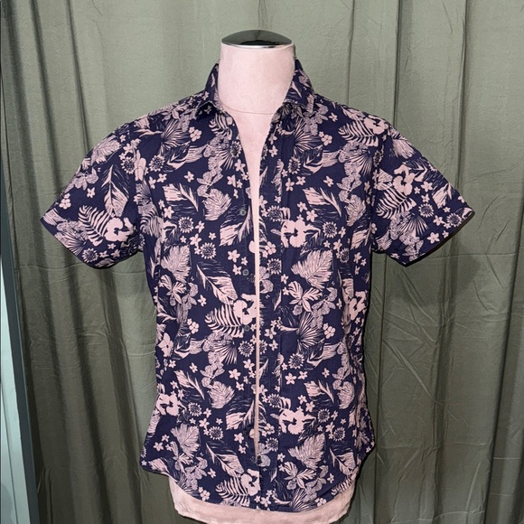 Floral Print Men's Shirt - Navy and Gray - Picture 1 of 4